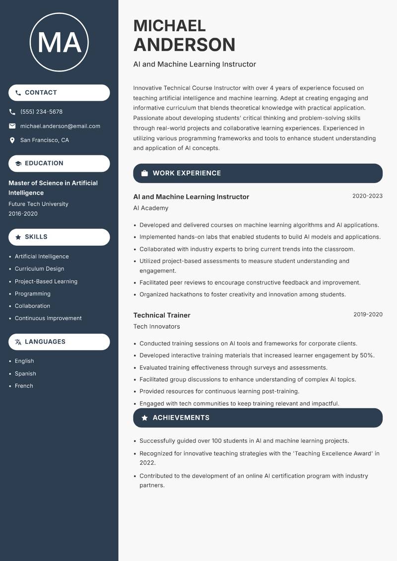 Technical Course Instructor resume sample — AI and Machine Learning Instructor focus