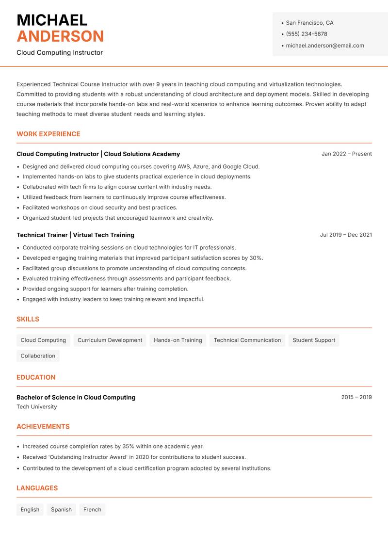 Technical Course Instructor resume sample — Cloud Computing Instructor focus
