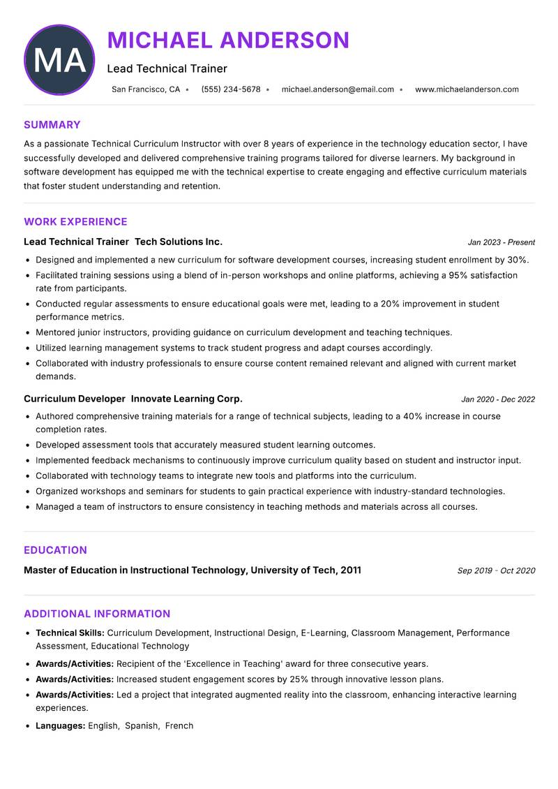 Technical Curriculum Instructor resume example