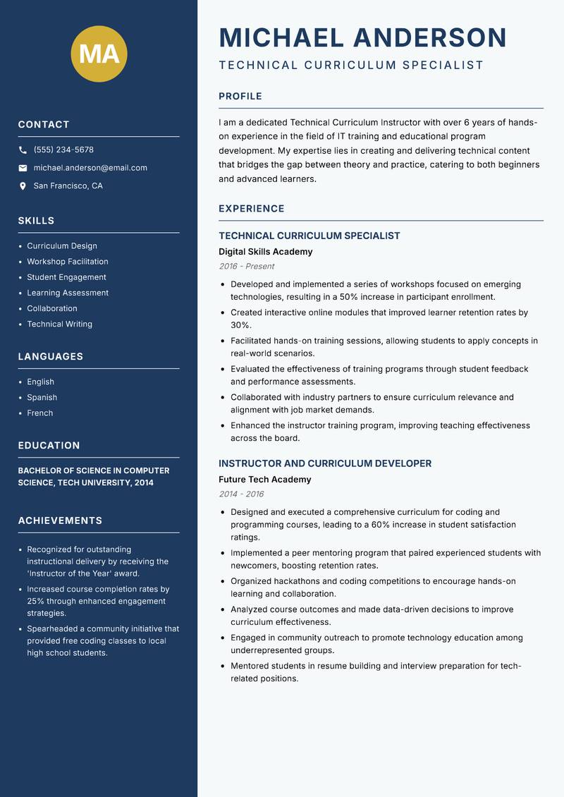 Technical Curriculum Instructor resume sample — Technical Curriculum Specialist focus