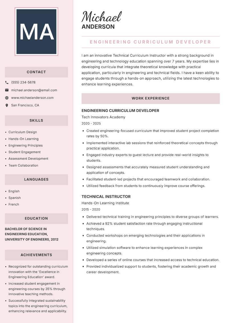 Technical Curriculum Instructor resume sample — Engineering Curriculum Developer focus