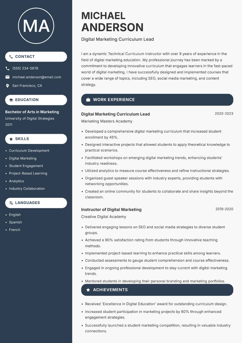 Technical Curriculum Instructor resume sample — Digital Marketing Curriculum Lead focus