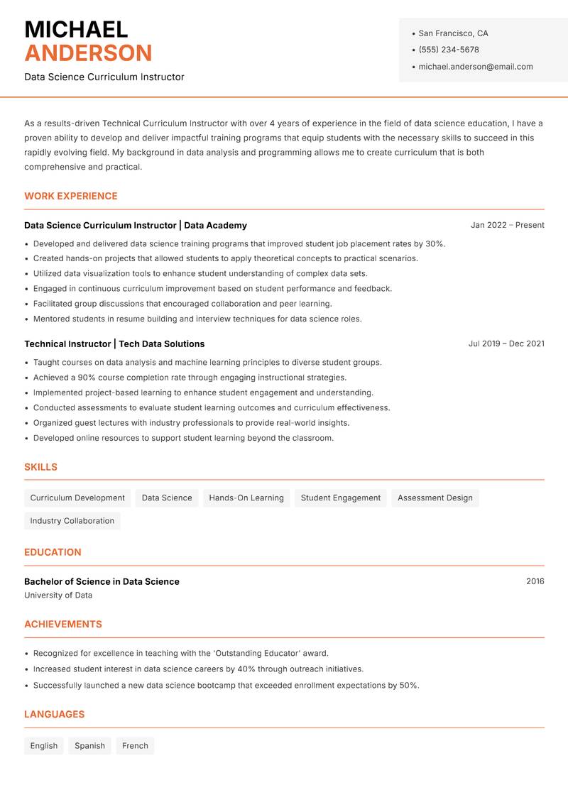 Technical Curriculum Instructor resume sample — Data Science Curriculum Instructor focus