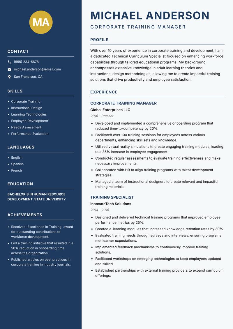 Technical Curriculum Specialist resume sample — Corporate Training Manager focus