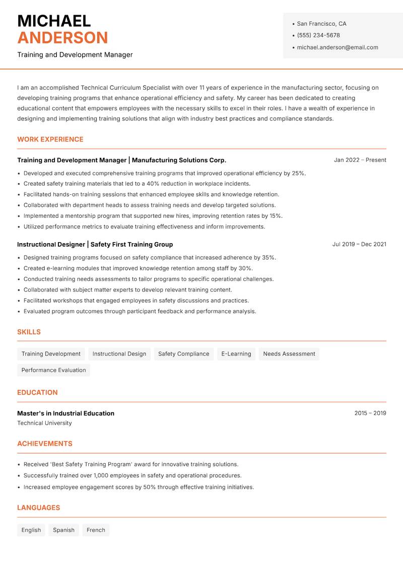 Technical Curriculum Specialist resume sample — Training and Development Manager focus
