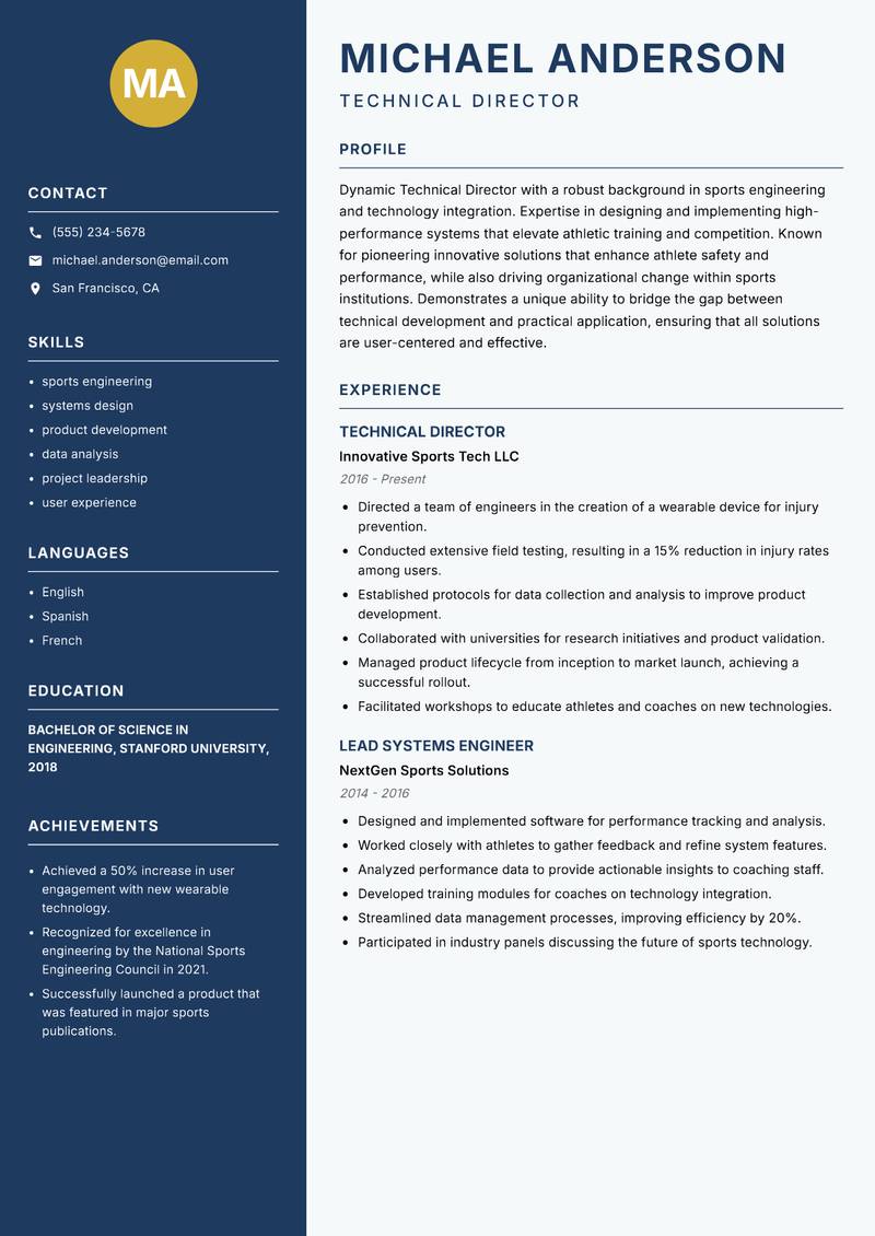 Technical Director Sports resume sample — Technical Director focus