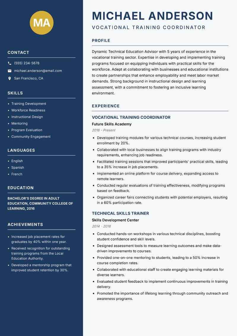 Technical Education Advisor resume sample — Vocational Training Coordinator focus