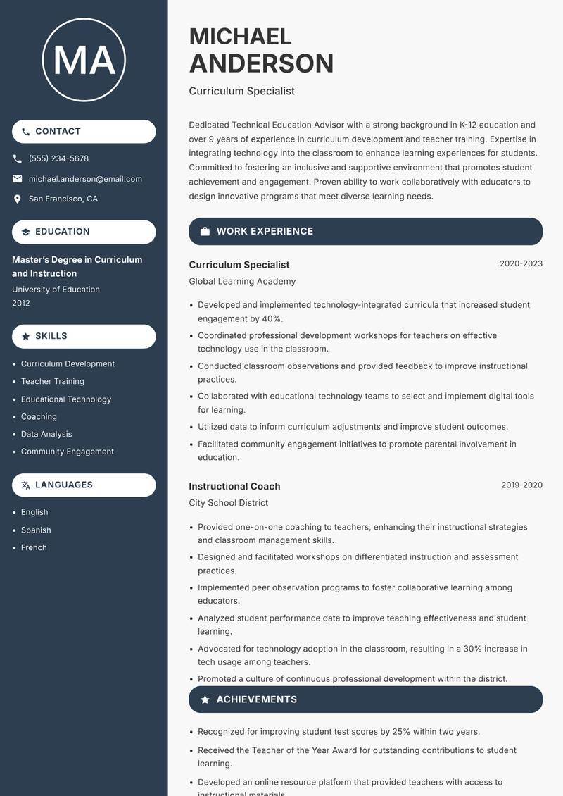 Technical Education Advisor resume sample — Curriculum Specialist focus
