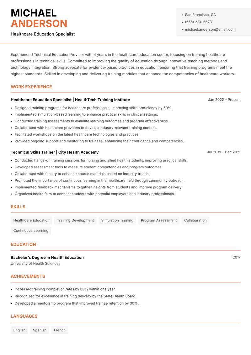 Technical Education Advisor resume sample — Healthcare Education Specialist focus