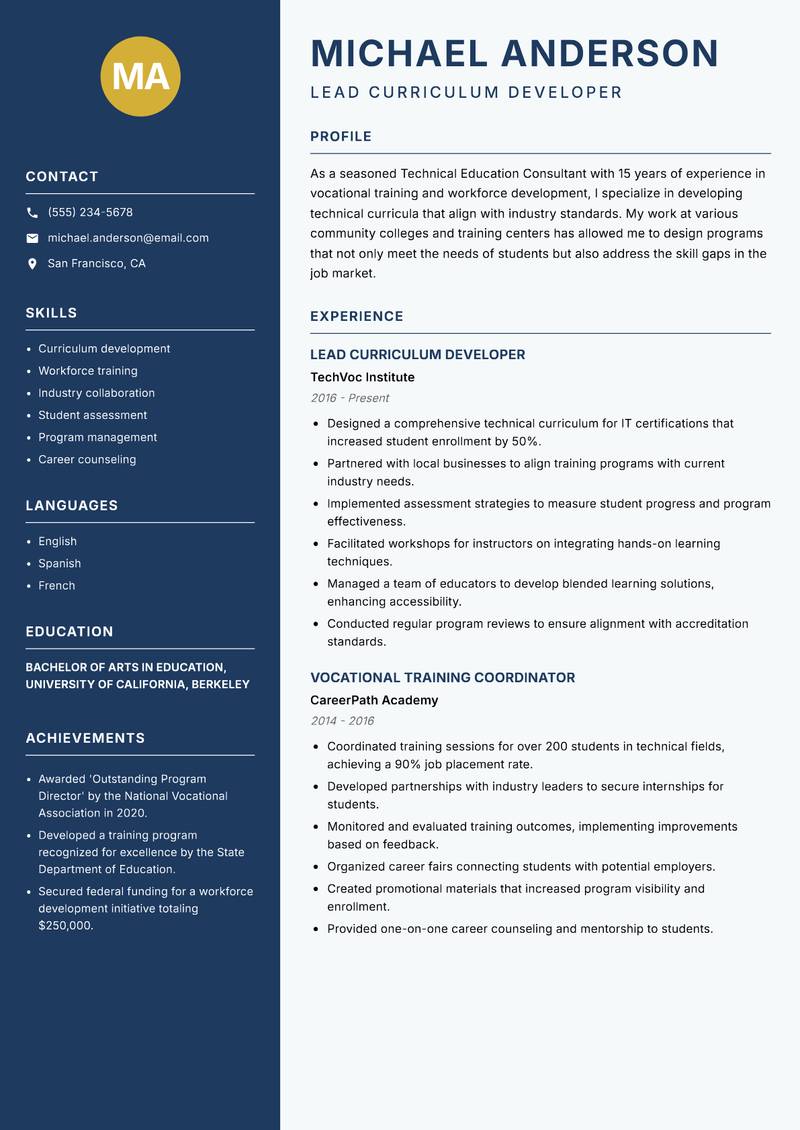 Technical Education Consultant resume sample — Lead Curriculum Developer focus