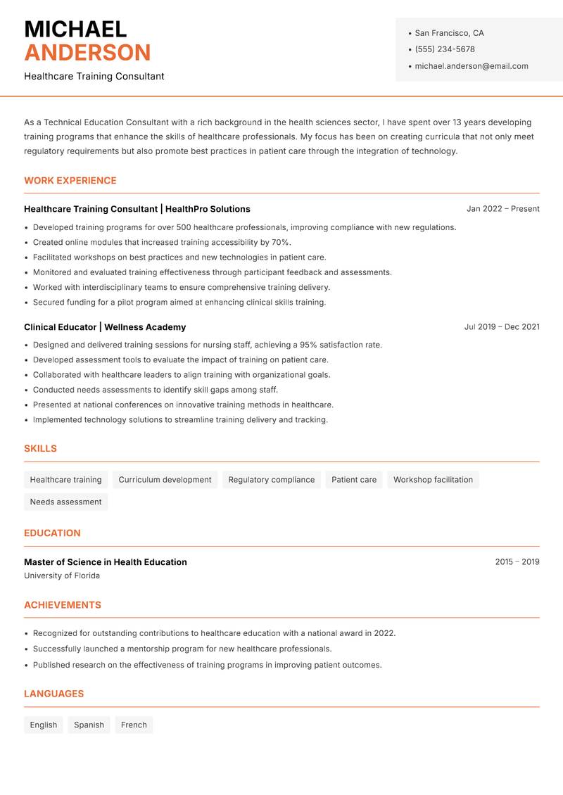Technical Education Consultant resume sample — Healthcare Training Consultant focus
