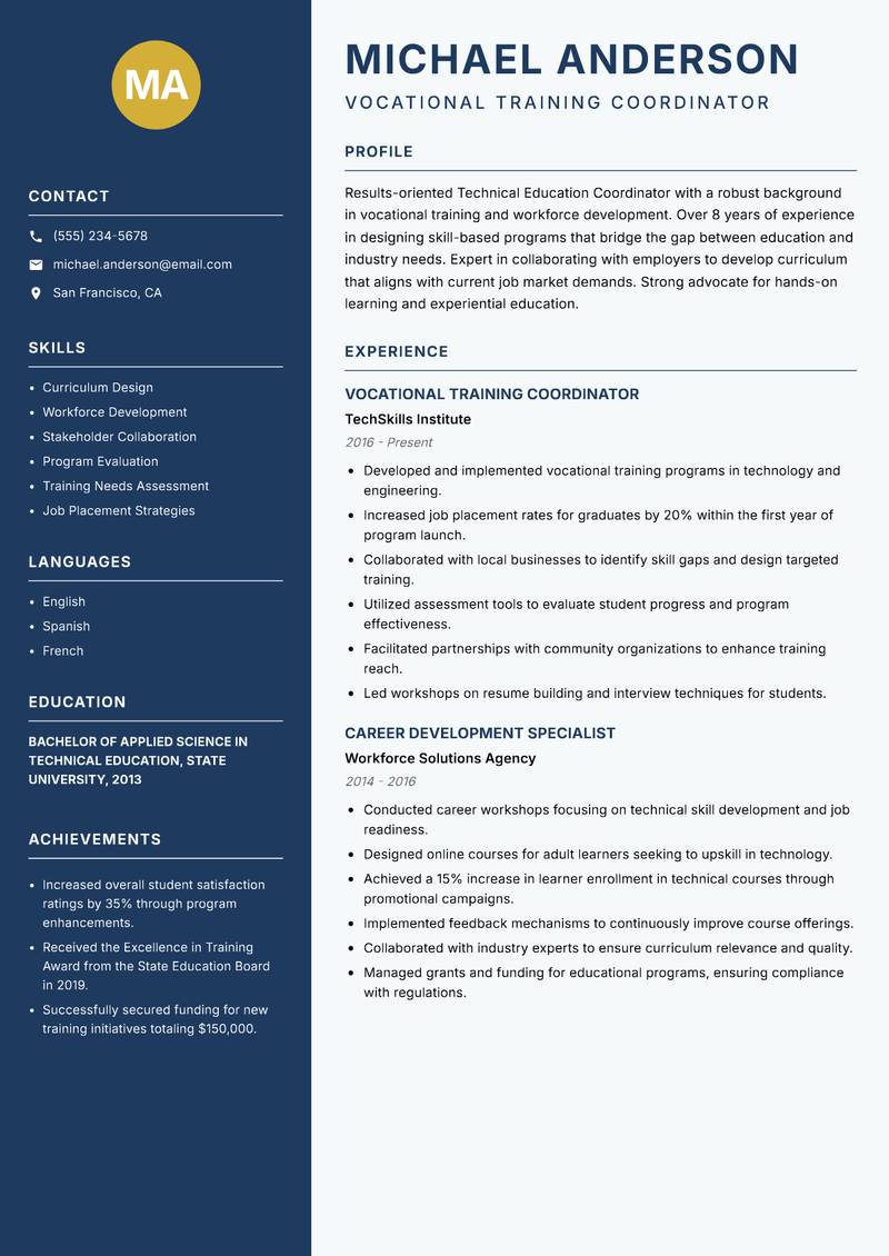 Technical Education Coordinator resume sample — Vocational Training Coordinator focus