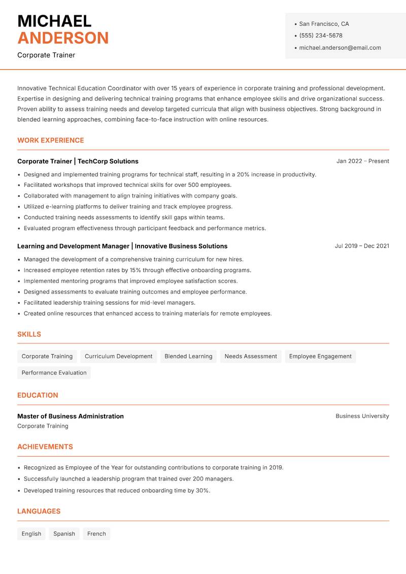 Technical Education Coordinator resume sample — Corporate Trainer focus