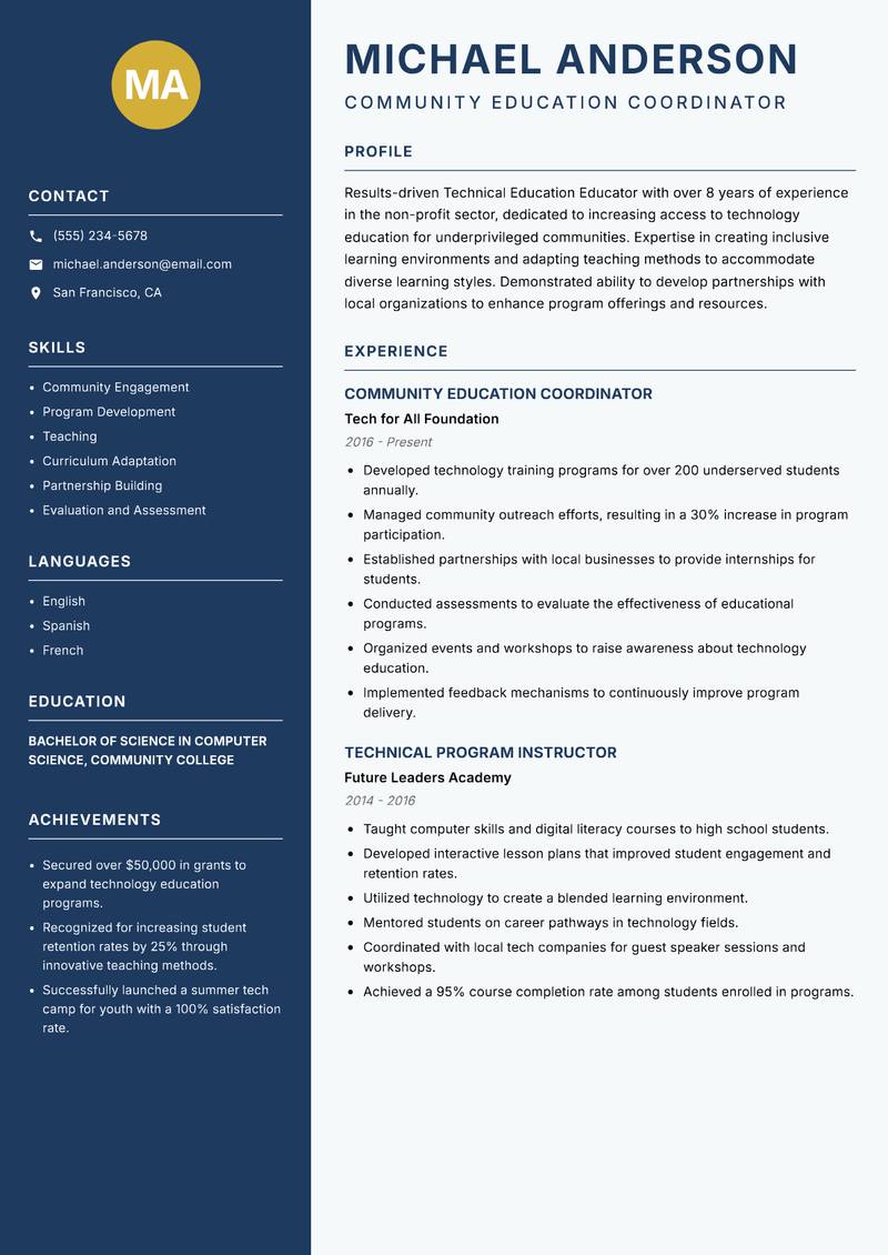 Technical Education Educator resume sample — Community Education Coordinator focus