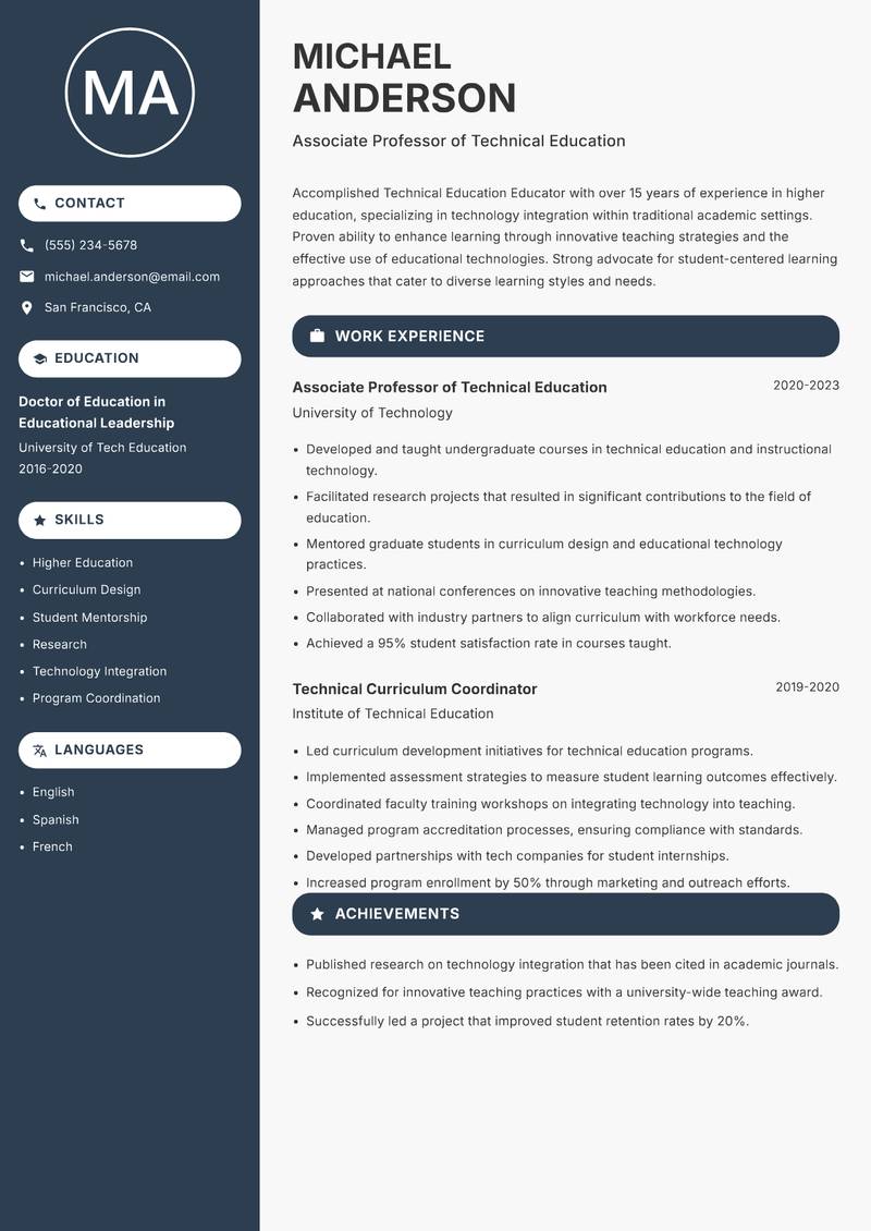 Technical Education Educator resume sample — Associate Professor of Technical Education focus