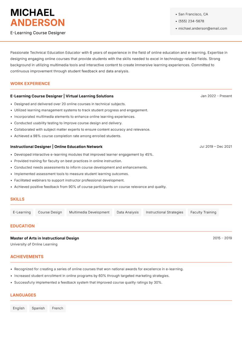 Technical Education Educator resume sample — E-Learning Course Designer focus