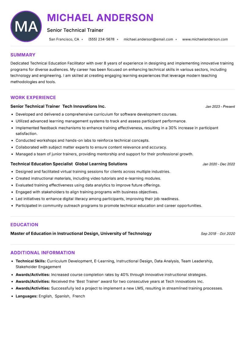 Technical Education Facilitator resume example