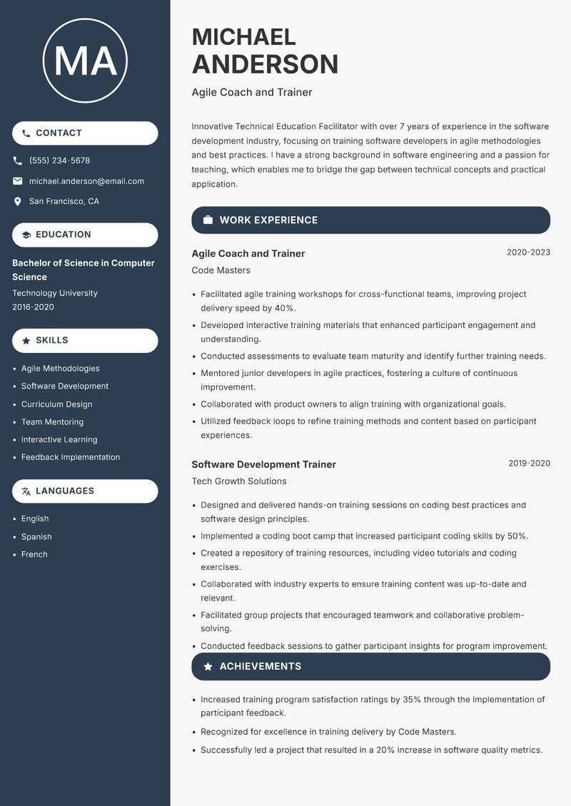 Technical Education Facilitator resume sample — Agile Coach and Trainer focus