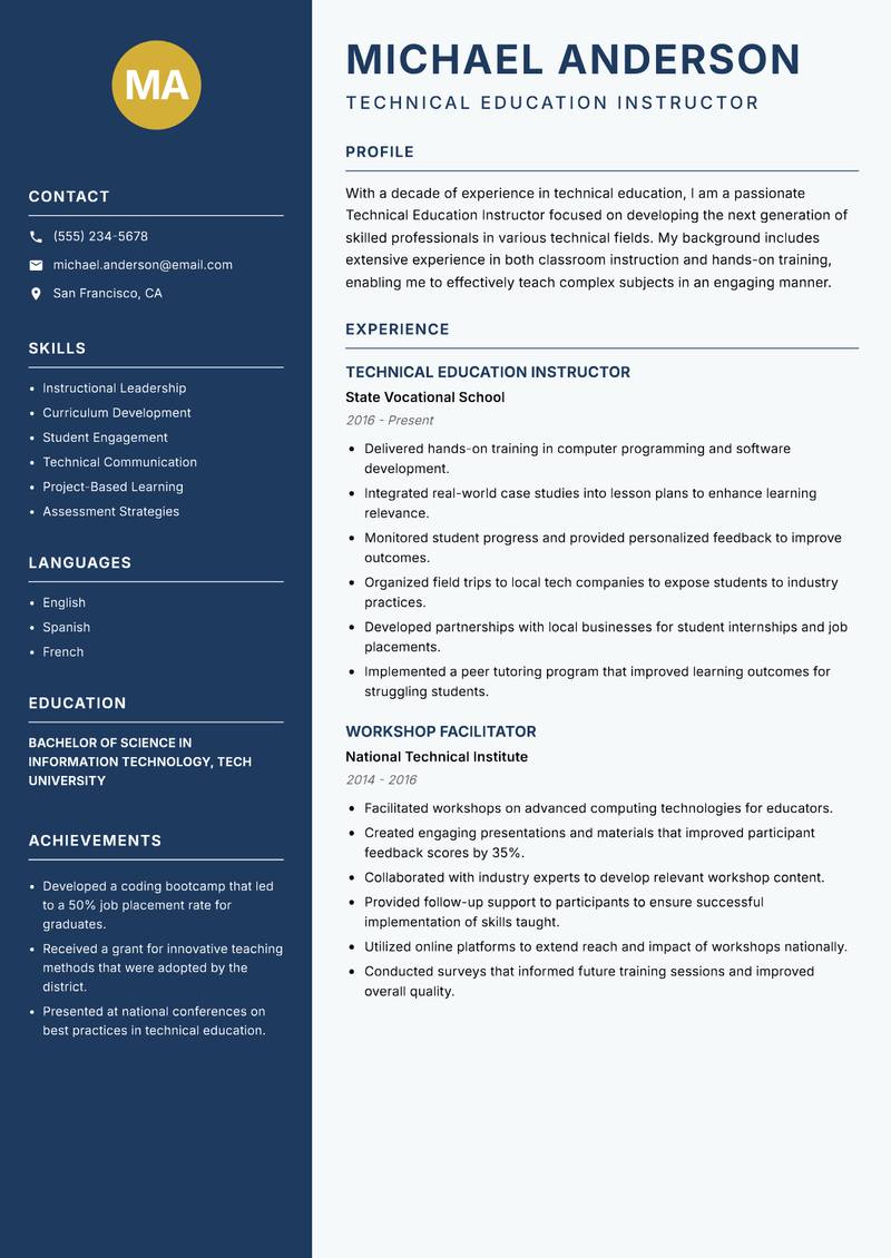 Technical Education Instructor resume sample — Technical Education Instructor focus