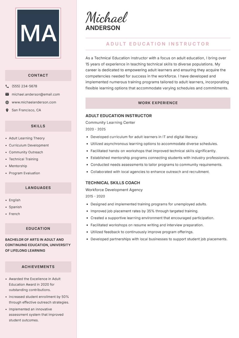 Technical Education Instructor resume sample — Adult Education Instructor focus