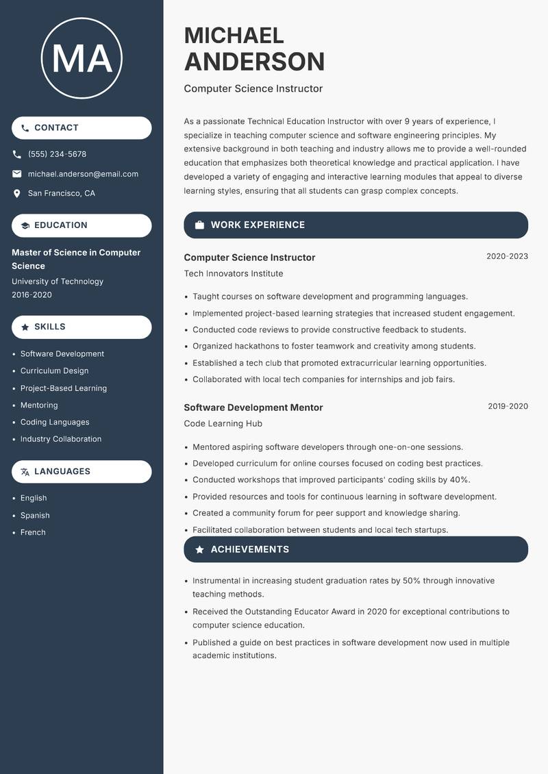 Technical Education Instructor resume sample — Computer Science Instructor focus