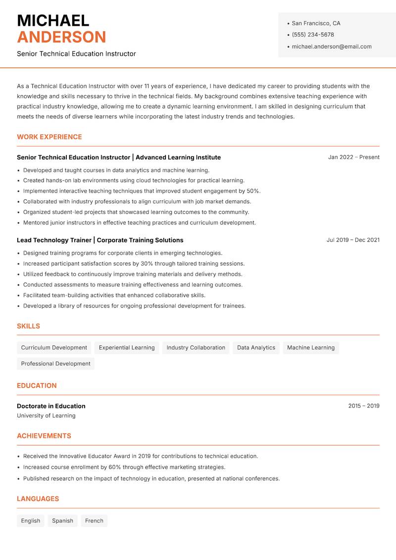 Technical Education Instructor resume sample — Senior Technical Education Instructor focus