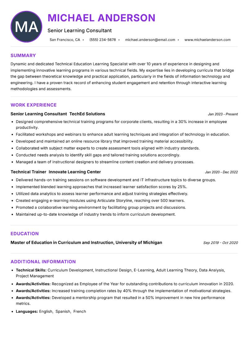 Technical Education Learning Specialist resume example
