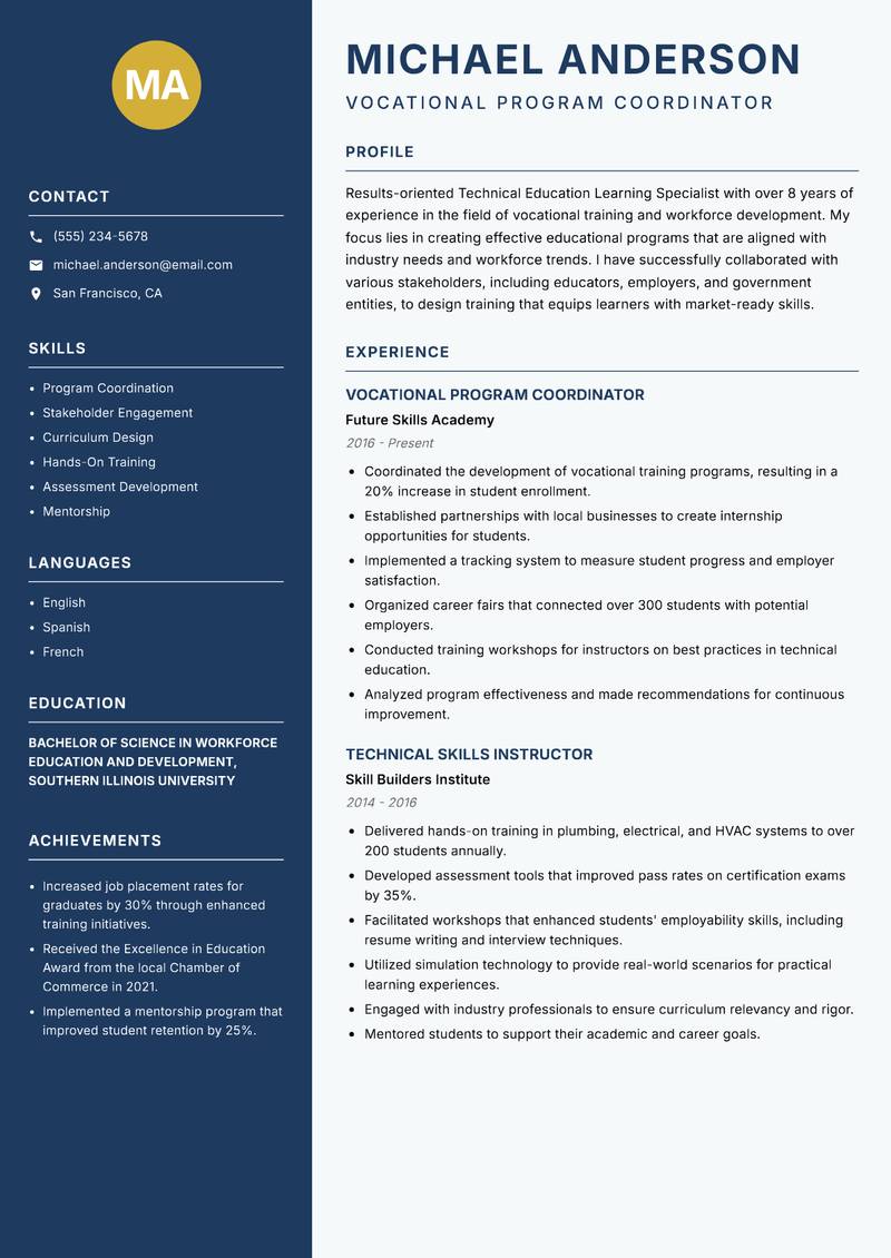 Technical Education Learning Specialist resume sample — Vocational Program Coordinator focus