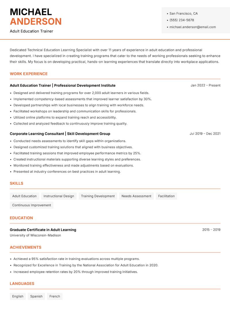 Technical Education Learning Specialist resume sample — Adult Education Trainer focus