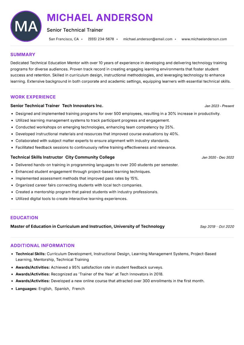 Technical Education Mentor resume example