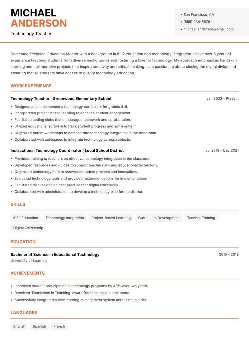 Technical Education Mentor resume sample — Technology Teacher focus