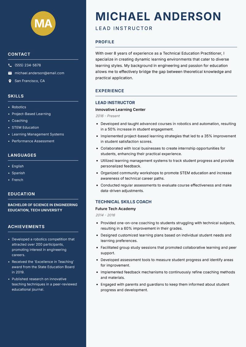 Technical Education Practitioner resume sample — Lead Instructor focus