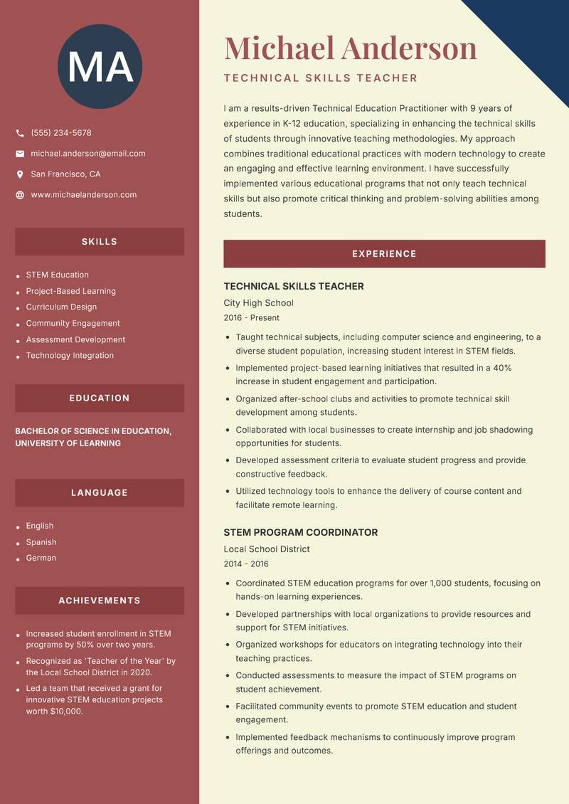 Technical Education Practitioner resume sample — Technical Skills Teacher focus