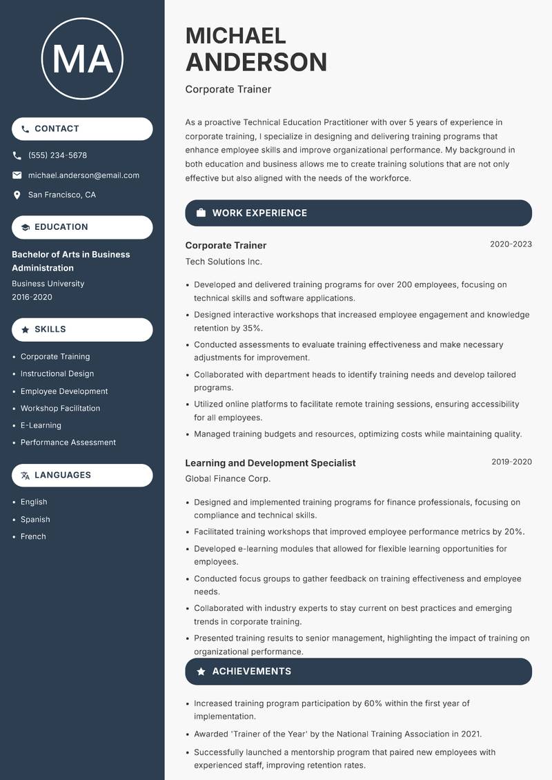 Technical Education Practitioner resume sample — Corporate Trainer focus