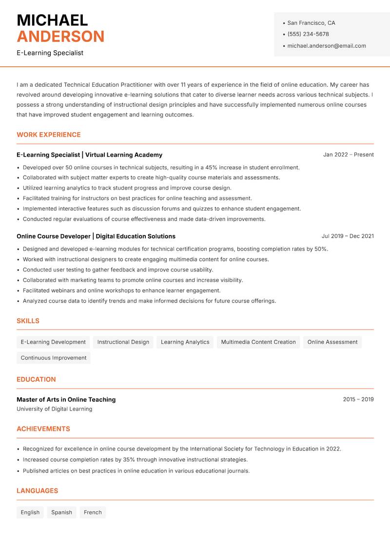 Technical Education Practitioner resume sample — E-Learning Specialist focus