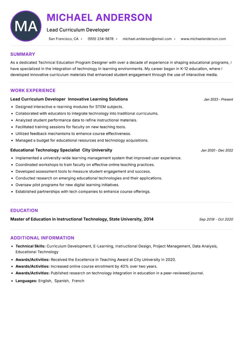 Technical Education Program Designer resume example