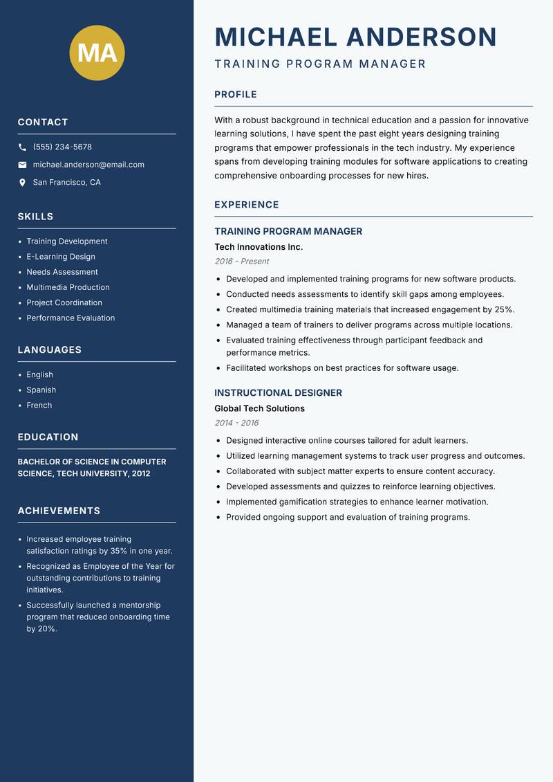 Technical Education Program Designer resume sample — Training Program Manager focus