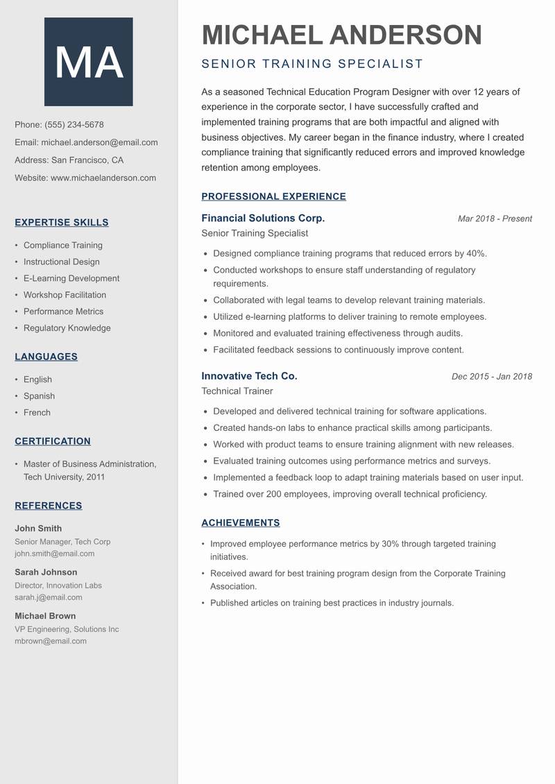 Technical Education Program Designer resume sample — Senior Training Specialist focus