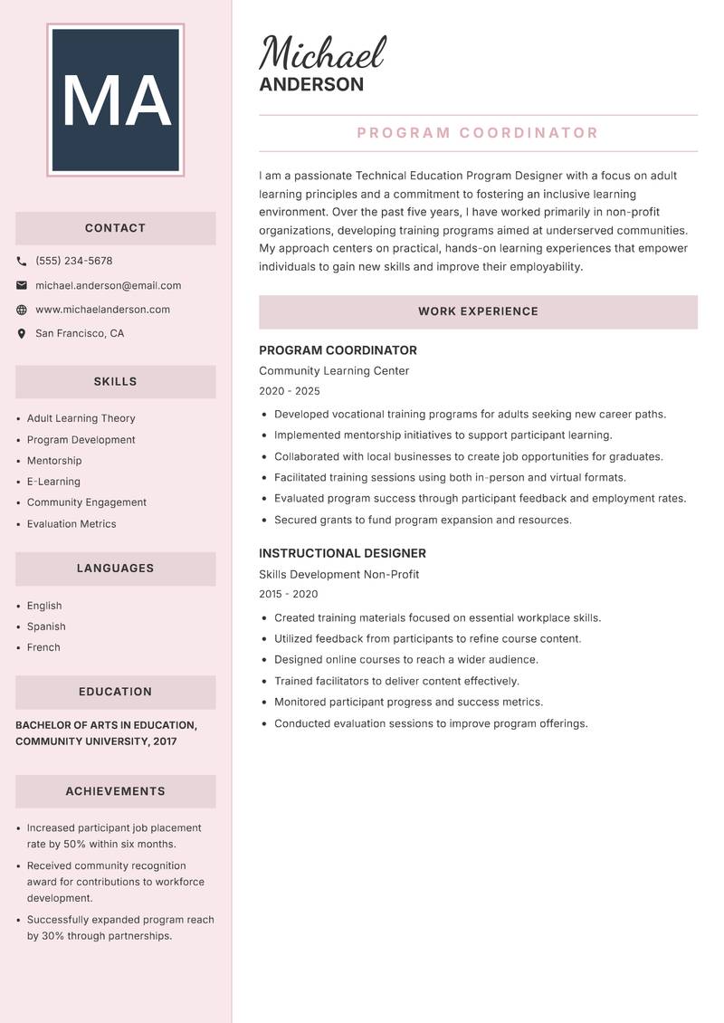 Technical Education Program Designer resume sample — Program Coordinator focus