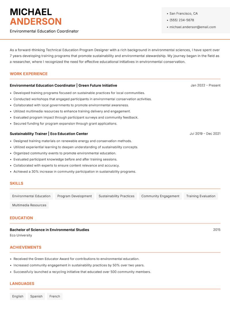 Technical Education Program Designer resume sample — Environmental Education Coordinator focus