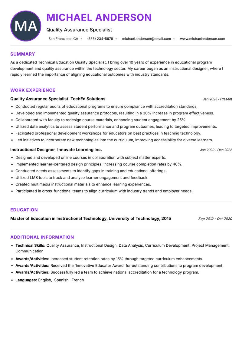 Technical Education Quality Specialist resume example