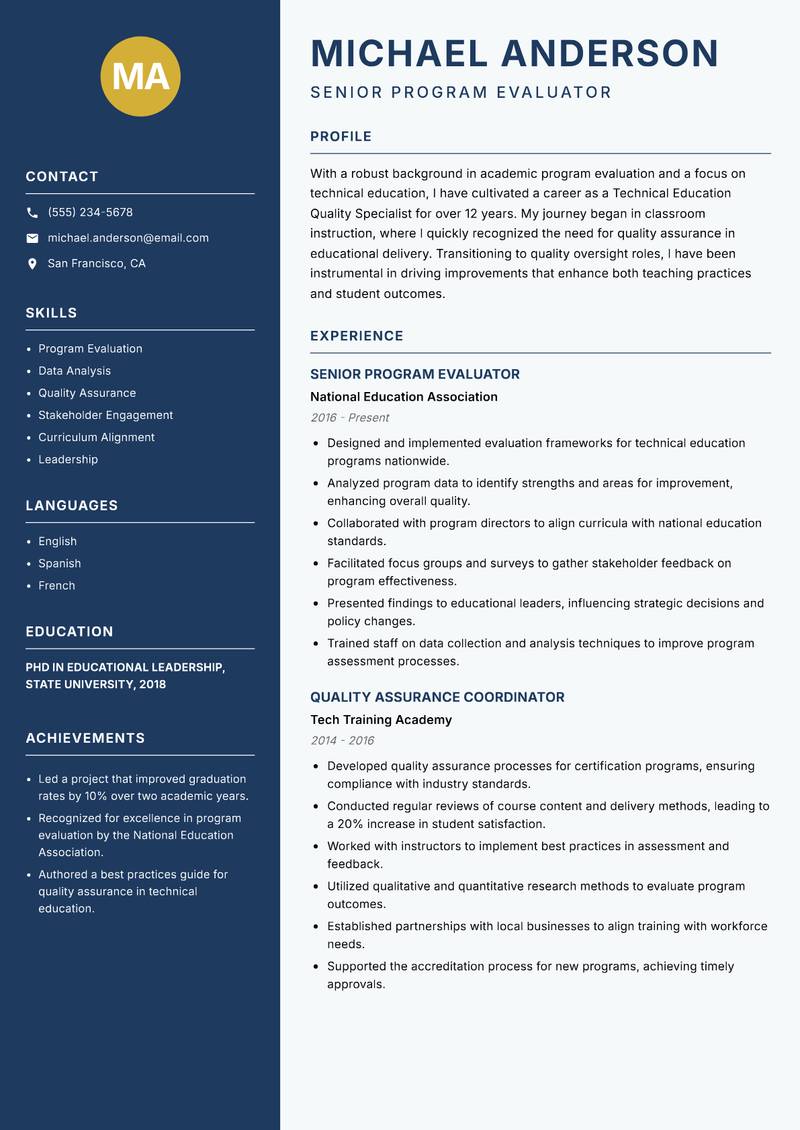 Technical Education Quality Specialist resume sample — Senior Program Evaluator focus