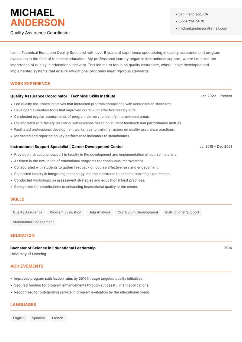 Technical Education Quality Specialist resume sample — Quality Assurance Coordinator focus