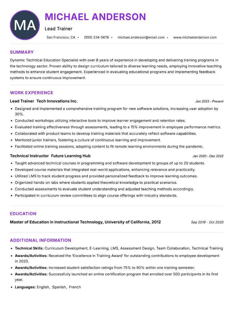 Technical Education Specialist resume example