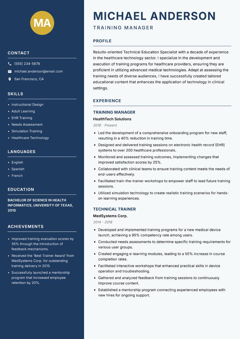 Technical Education Specialist resume sample — Training Manager focus