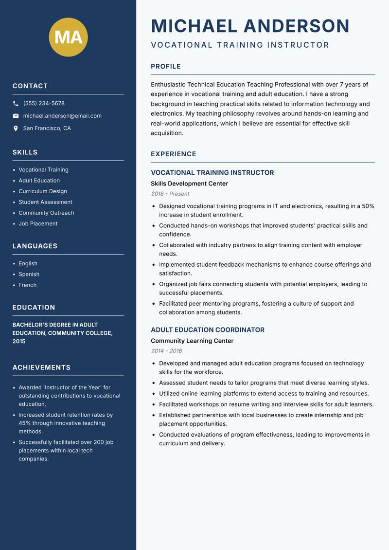 Technical Education Teaching Professional resume sample — Vocational Training Instructor focus