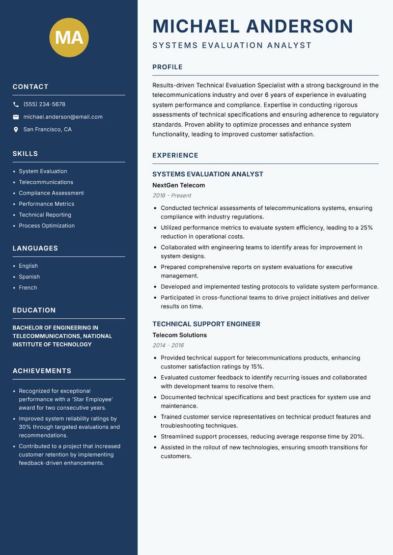 Technical Evaluation Specialist resume sample — Systems Evaluation Analyst focus