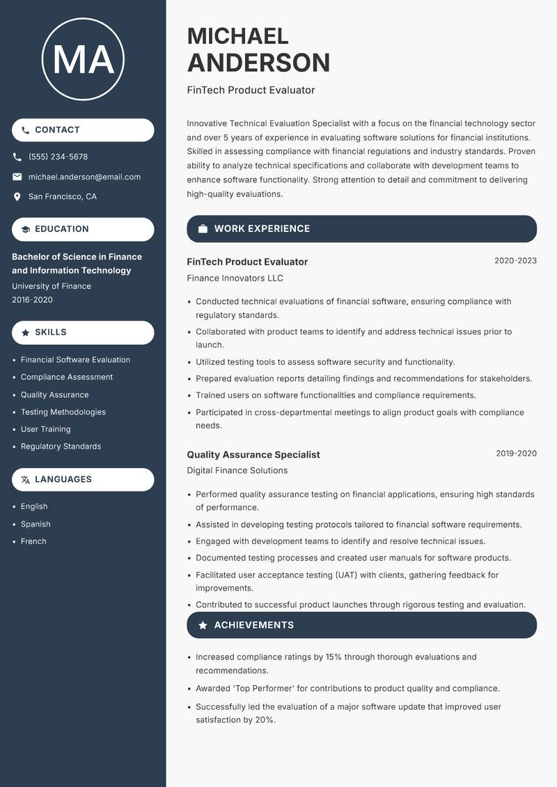 Technical Evaluation Specialist resume sample — FinTech Product Evaluator focus