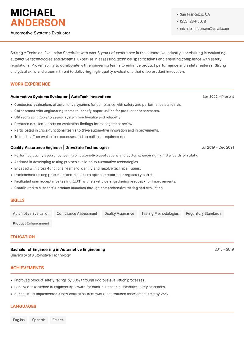Technical Evaluation Specialist resume sample — Automotive Systems Evaluator focus
