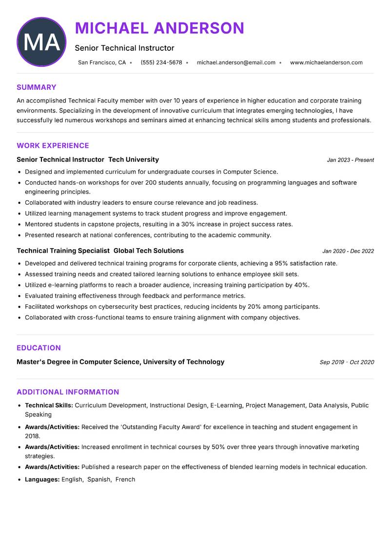 Technical Faculty resume example